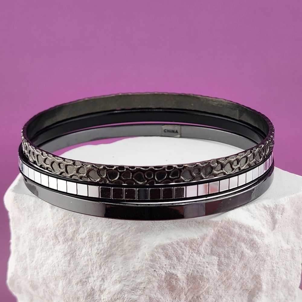 Black Silver Tone Triple Bangle Bracelet Mirror Tile Textured Modern Statement